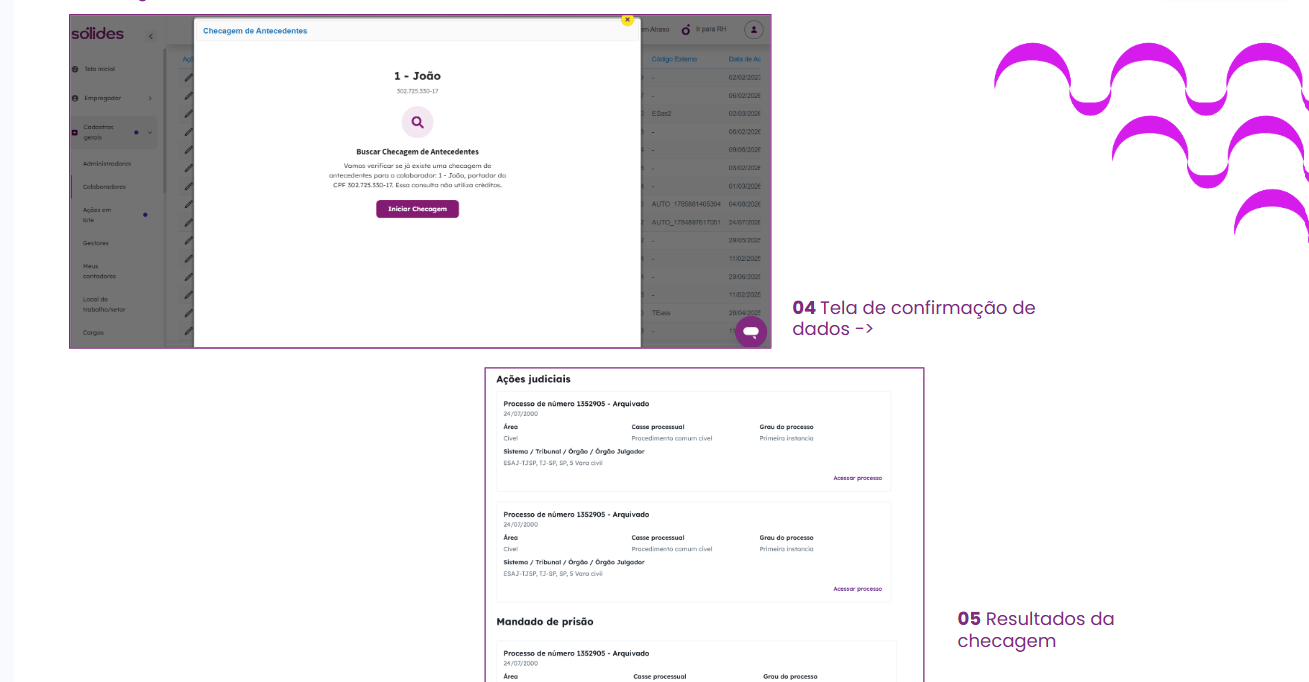 Painel do Módulo de Checagem de Antecedentes na Plataforma Sólides